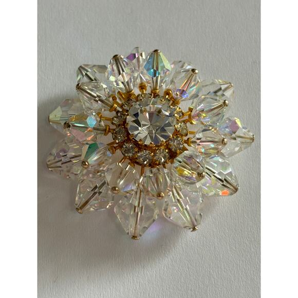 Austria Jewelry - Austria Crystal Beaded Brooch Aurora Borealis 1960s Vintage Jewelry Gold Tone